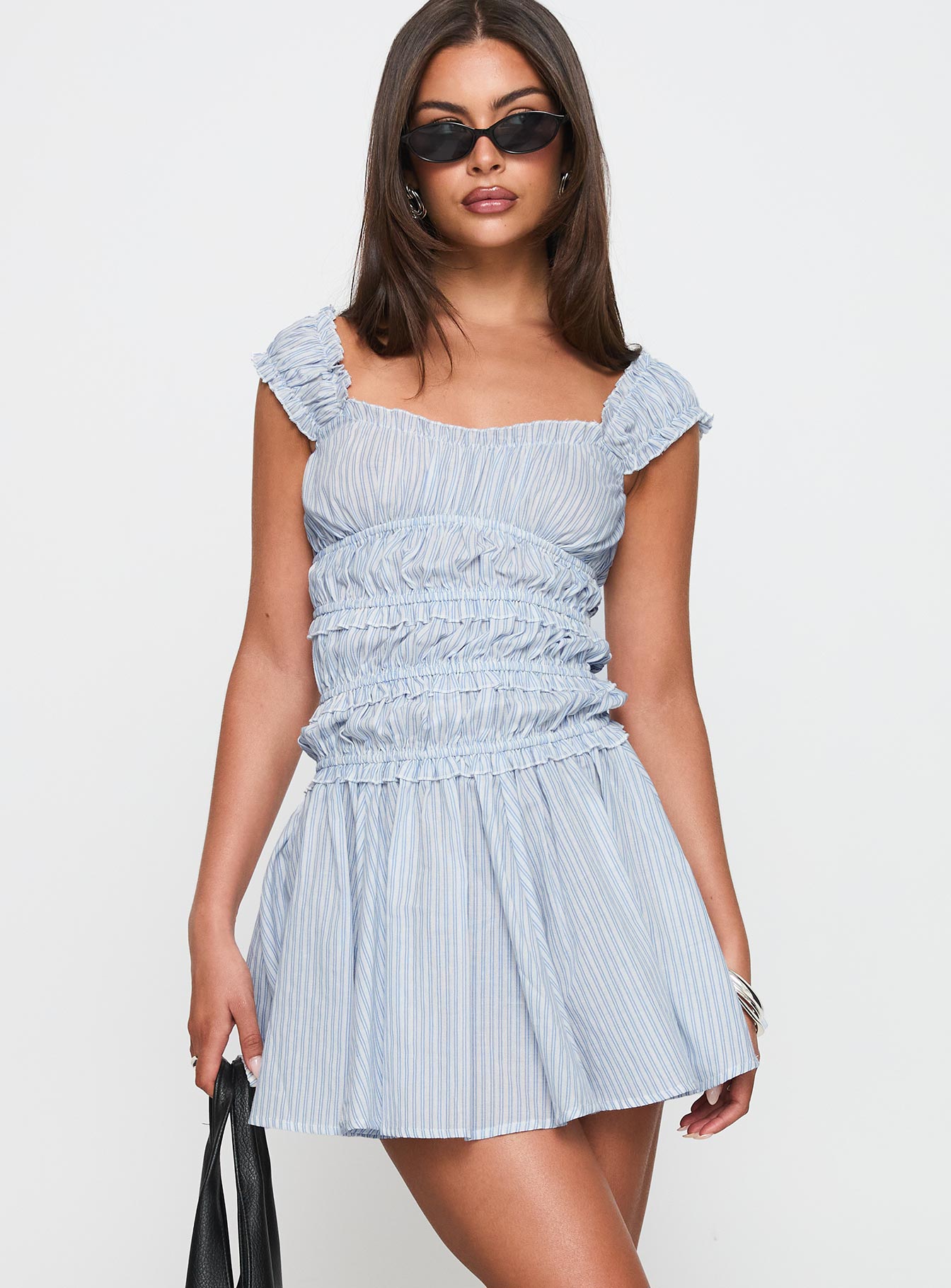 Wonderlust Shirred Mini Dress Blue Stripe - Image 2