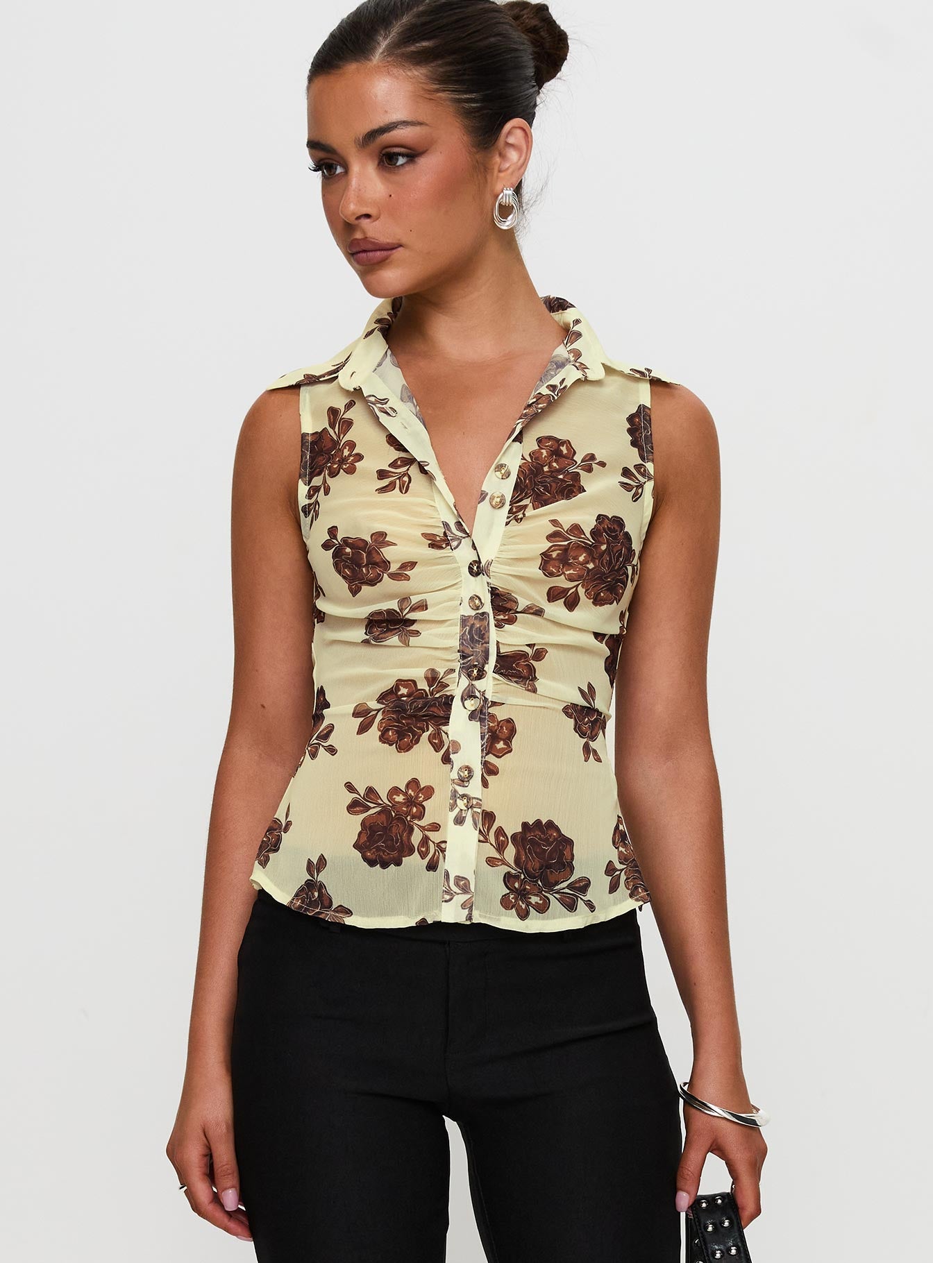 Present Tense Sheer Ruched Top Yellow Floral - Image 2