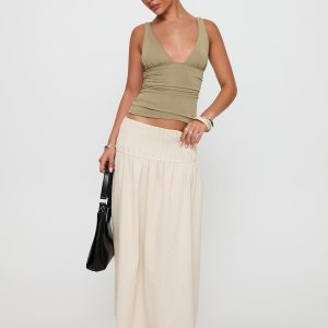 Small Towns Shirred Midi Skirt Beige