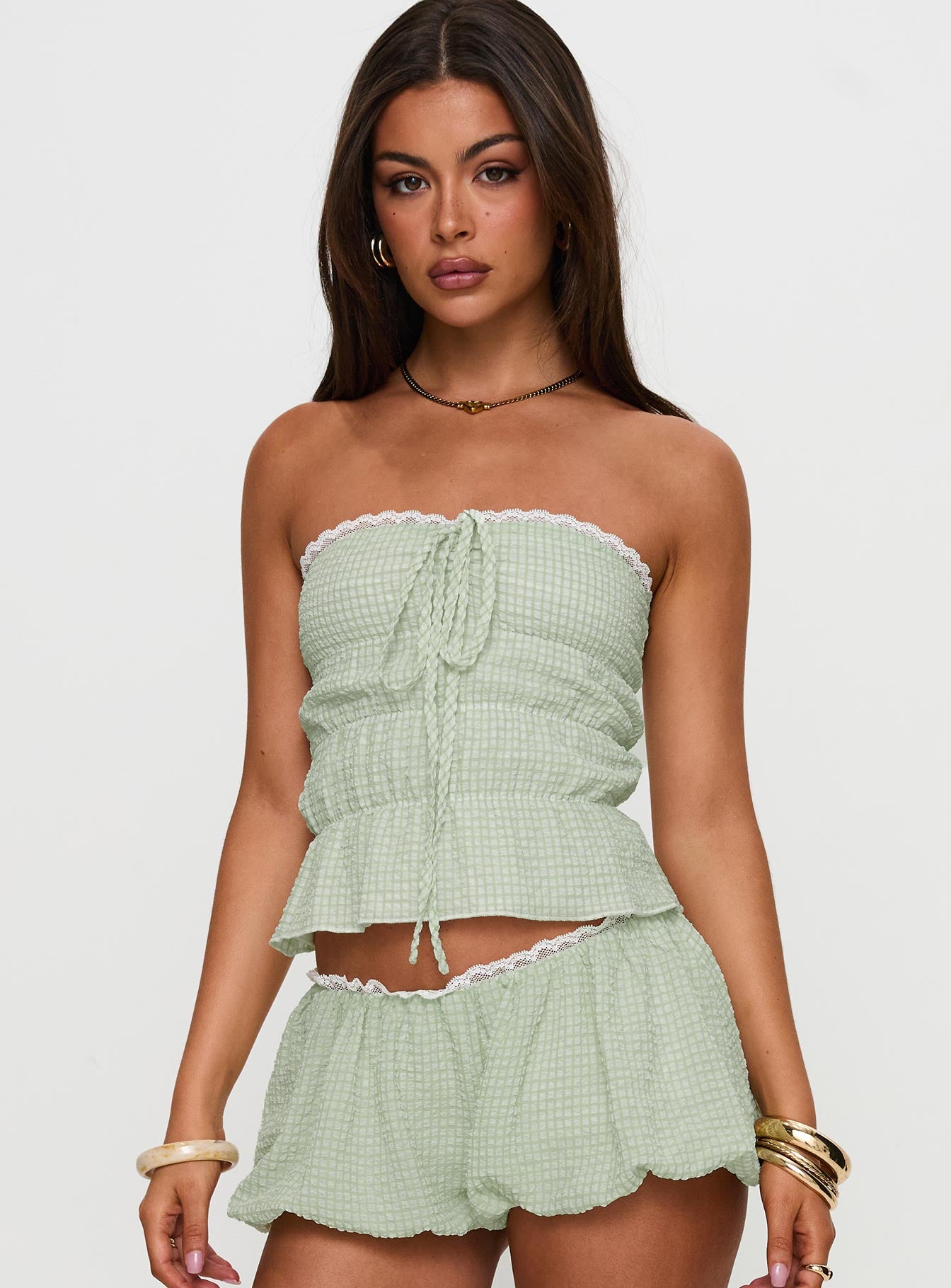 Short And Sweet Strapless Top Green Check - Image 2