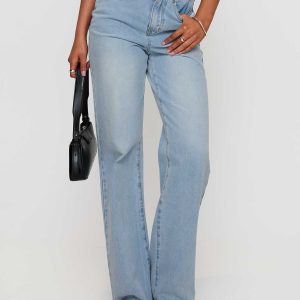 Hawke Frayed Mid Rise Straight Leg Jeans Mid Blue