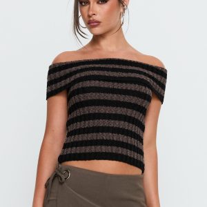 Murmur Off Shoulder Top Brown / Black Stripe