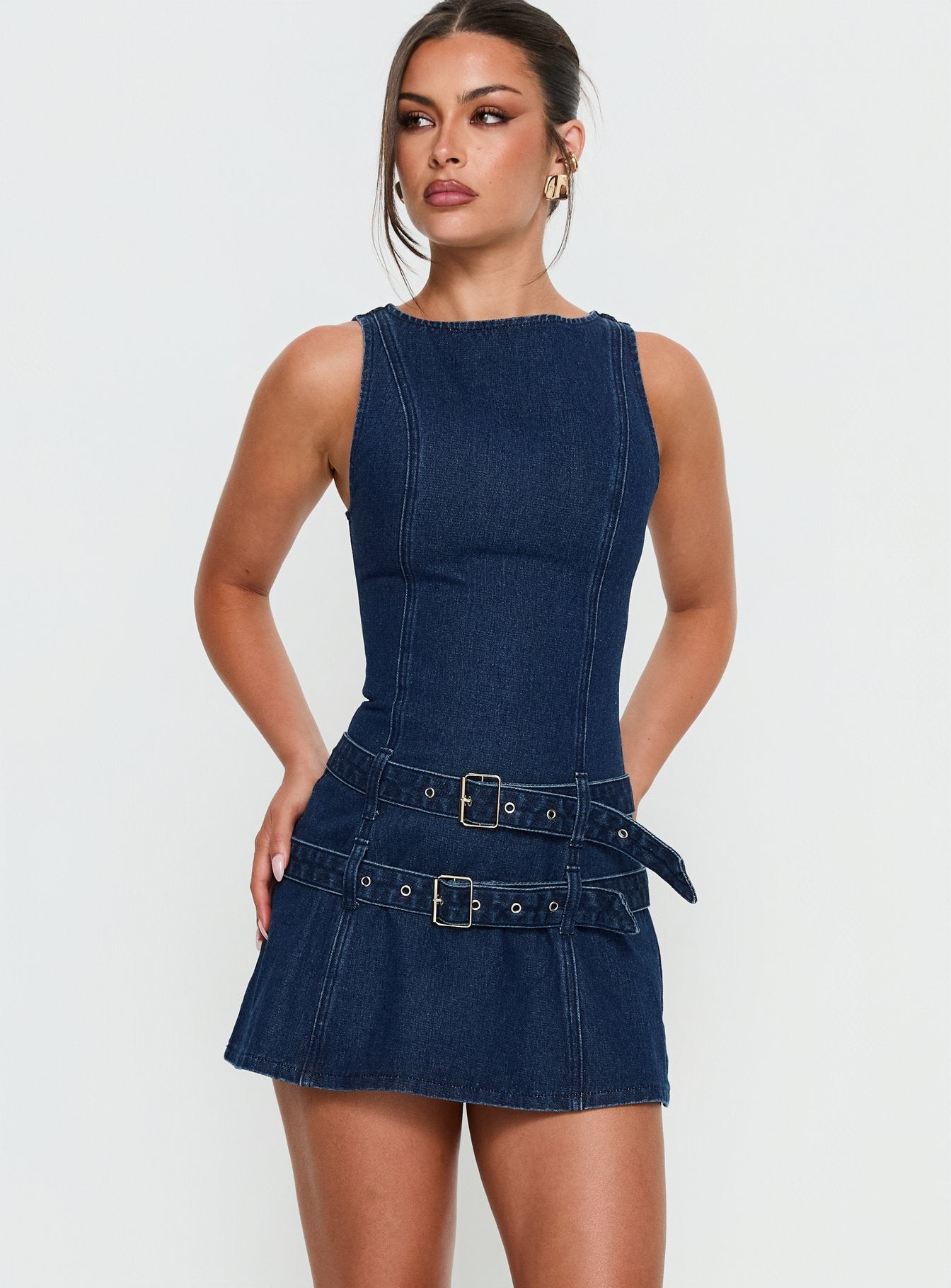 Kainer Denim Buckle Mini Dress Dark Blue Wash - Image 2