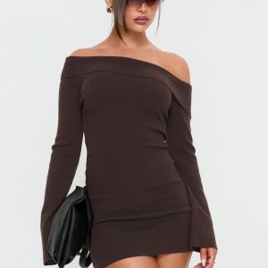 Sina Off Shoulder Mini Dress Chocolate
