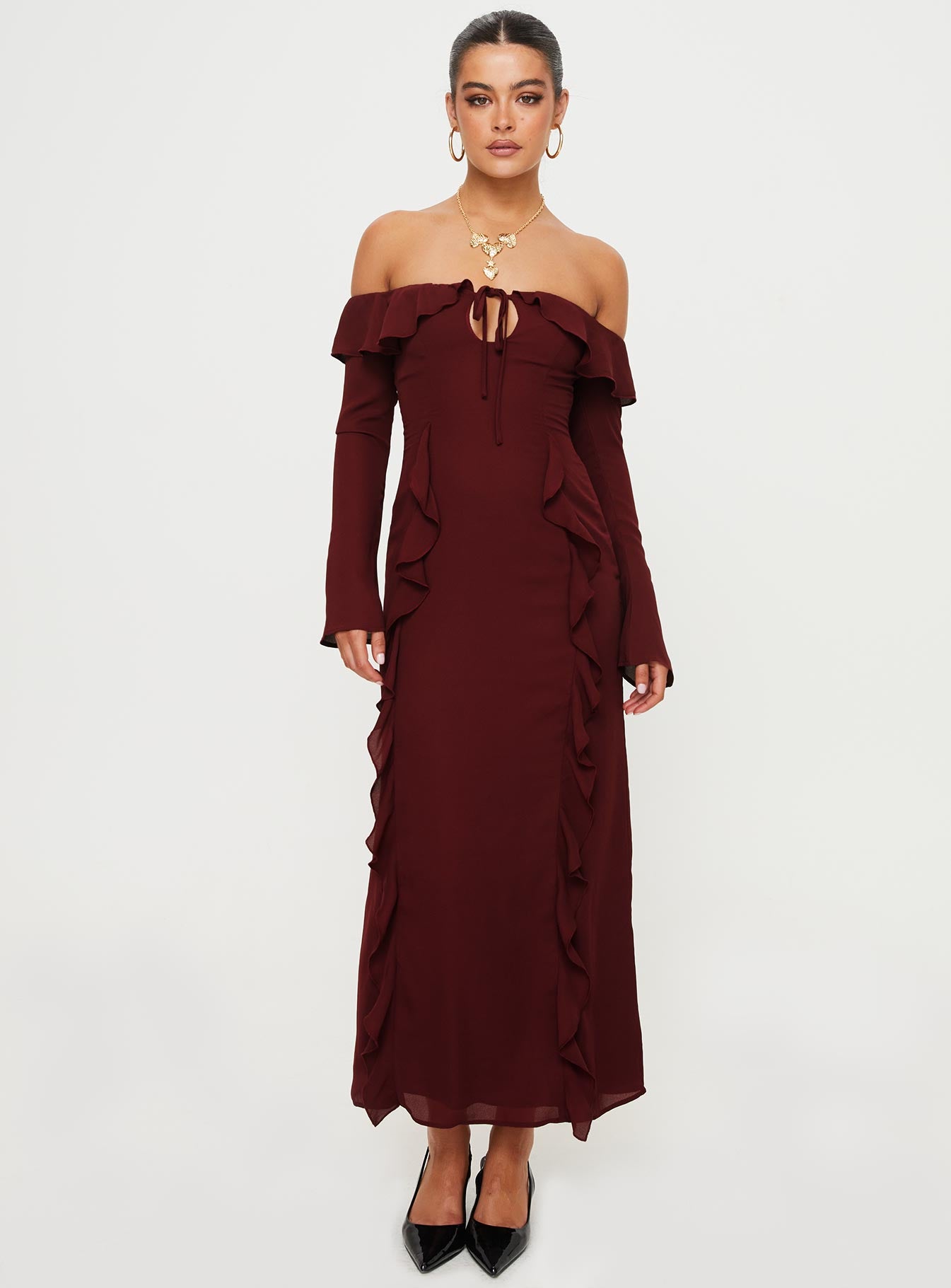 Molins Off The Shoulder Maxi Dress Burgundy - Image 2