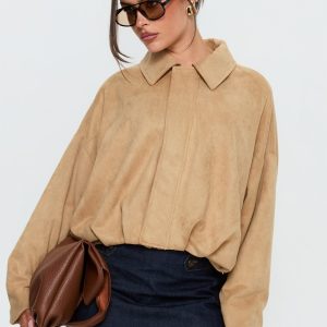 Enlightened Faux Suede Bomber Jacket Beige