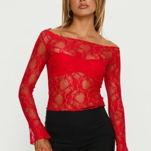 Junah Sheer Lace Long Sleeve Top Red
