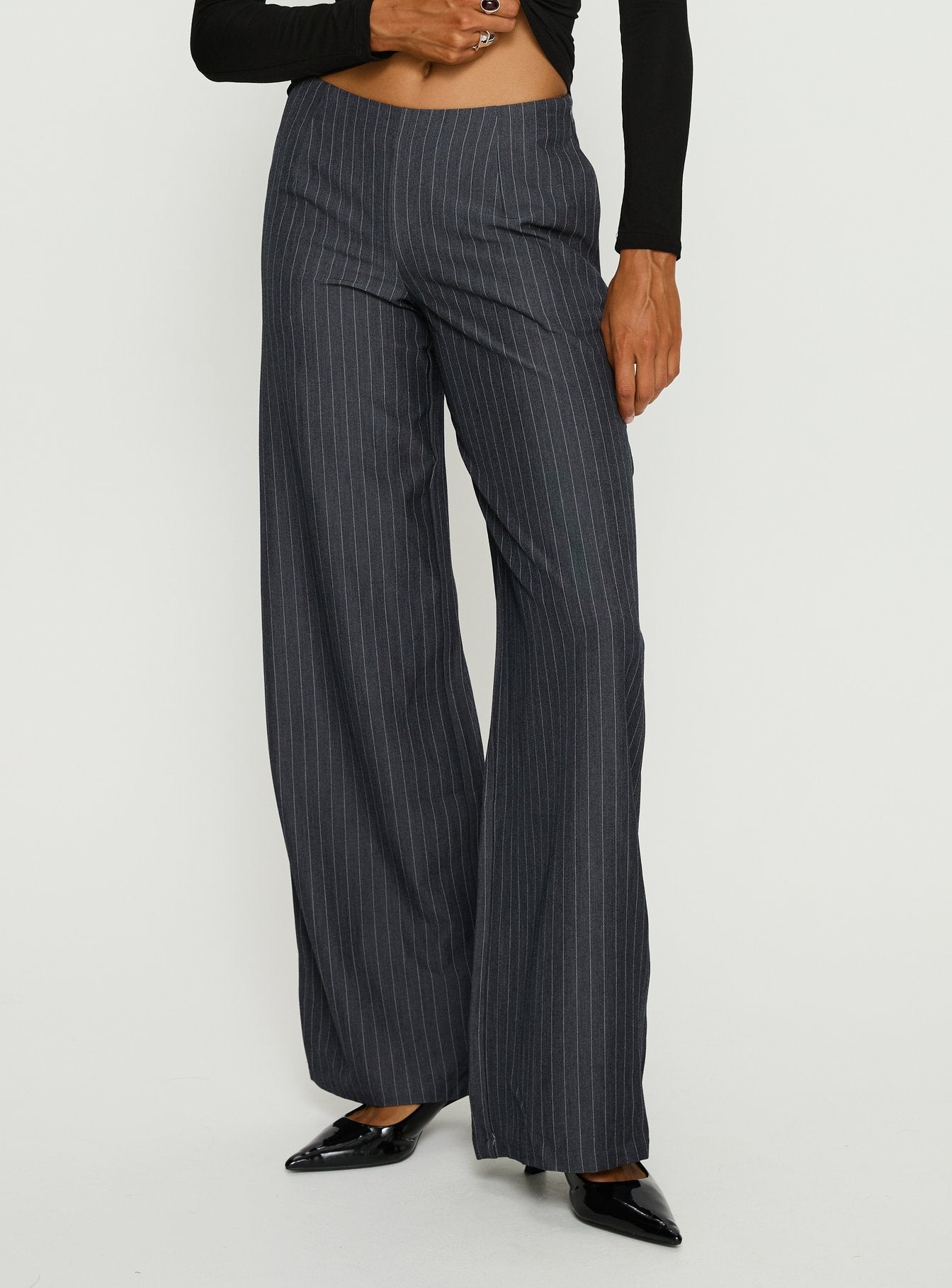 Khane Low Rise Wide Leg Pant Charcoal Pinstripe