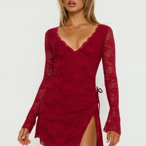 Airabella Long Sleeve Lace Mini Dress Red
