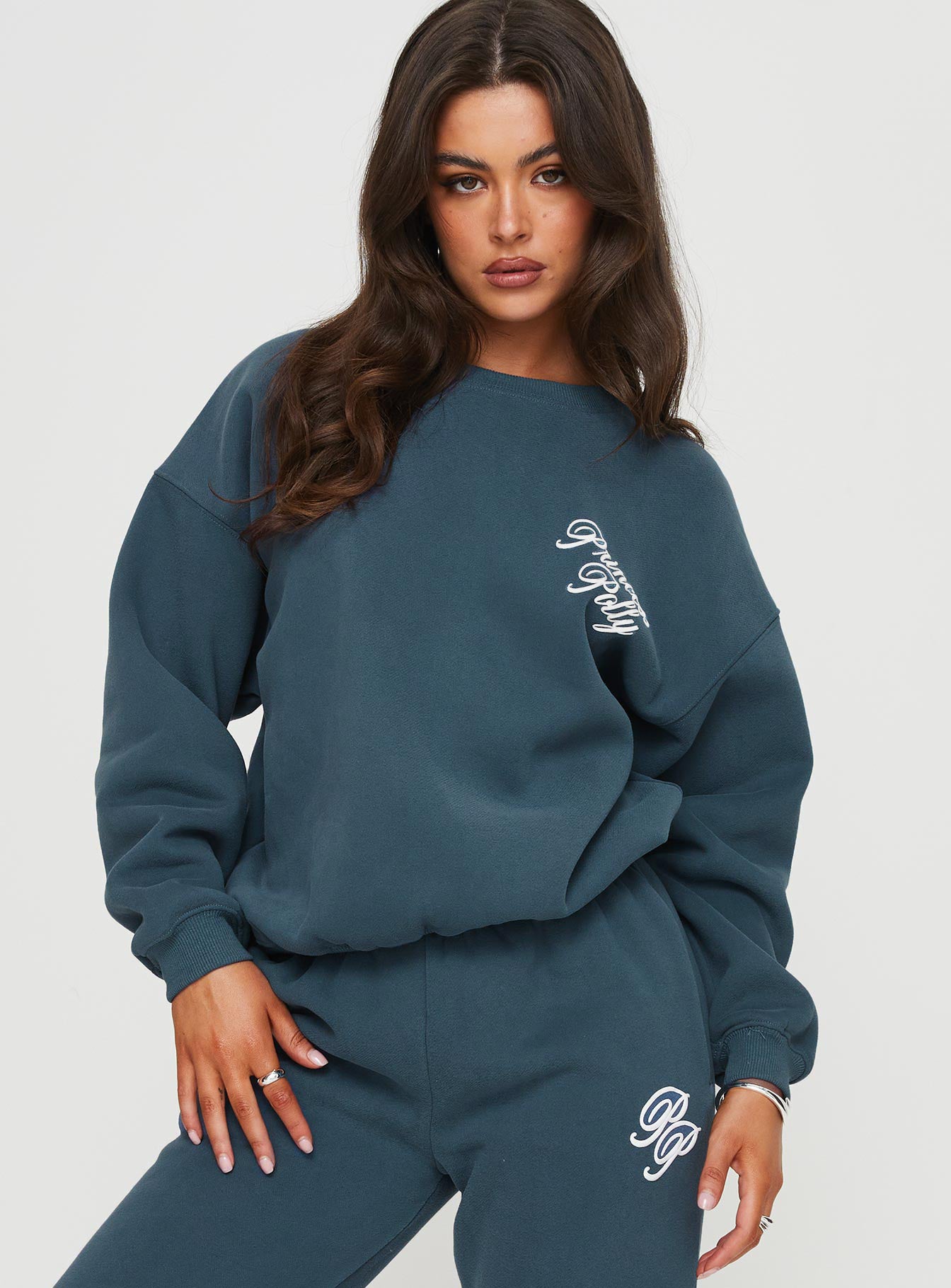 Princess Polly Crew Neck Sweatshirt Cursive Text Navy / White - Image 2