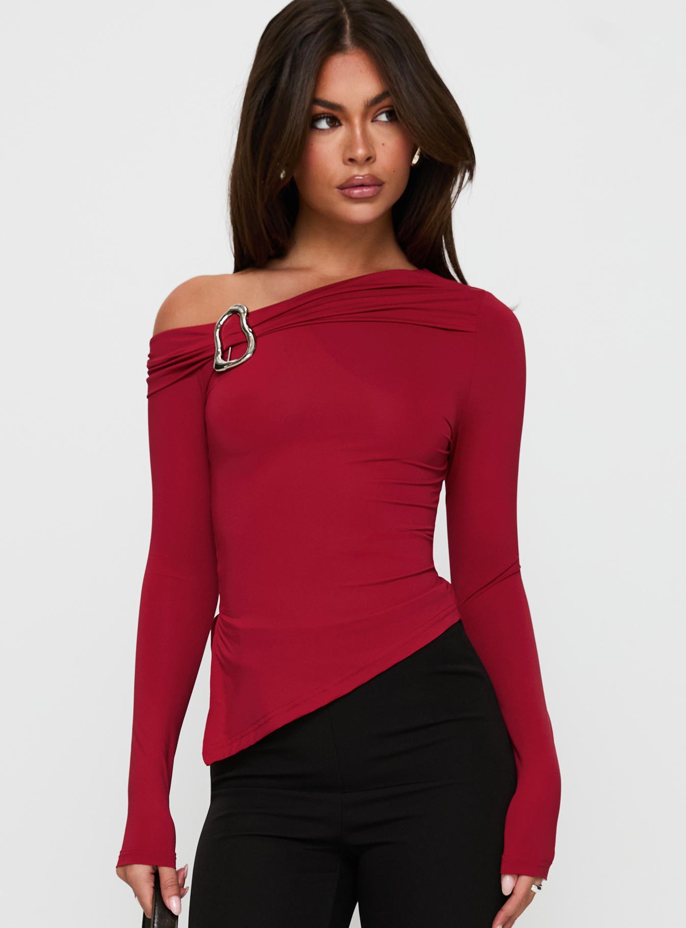 Donalla Off The Shoulder Hardware Detail Top Red - Image 2