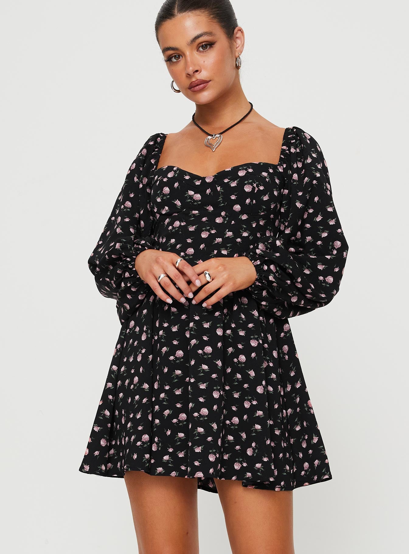 Darso Long Sleeve Mini Dress Black Floral - Image 2