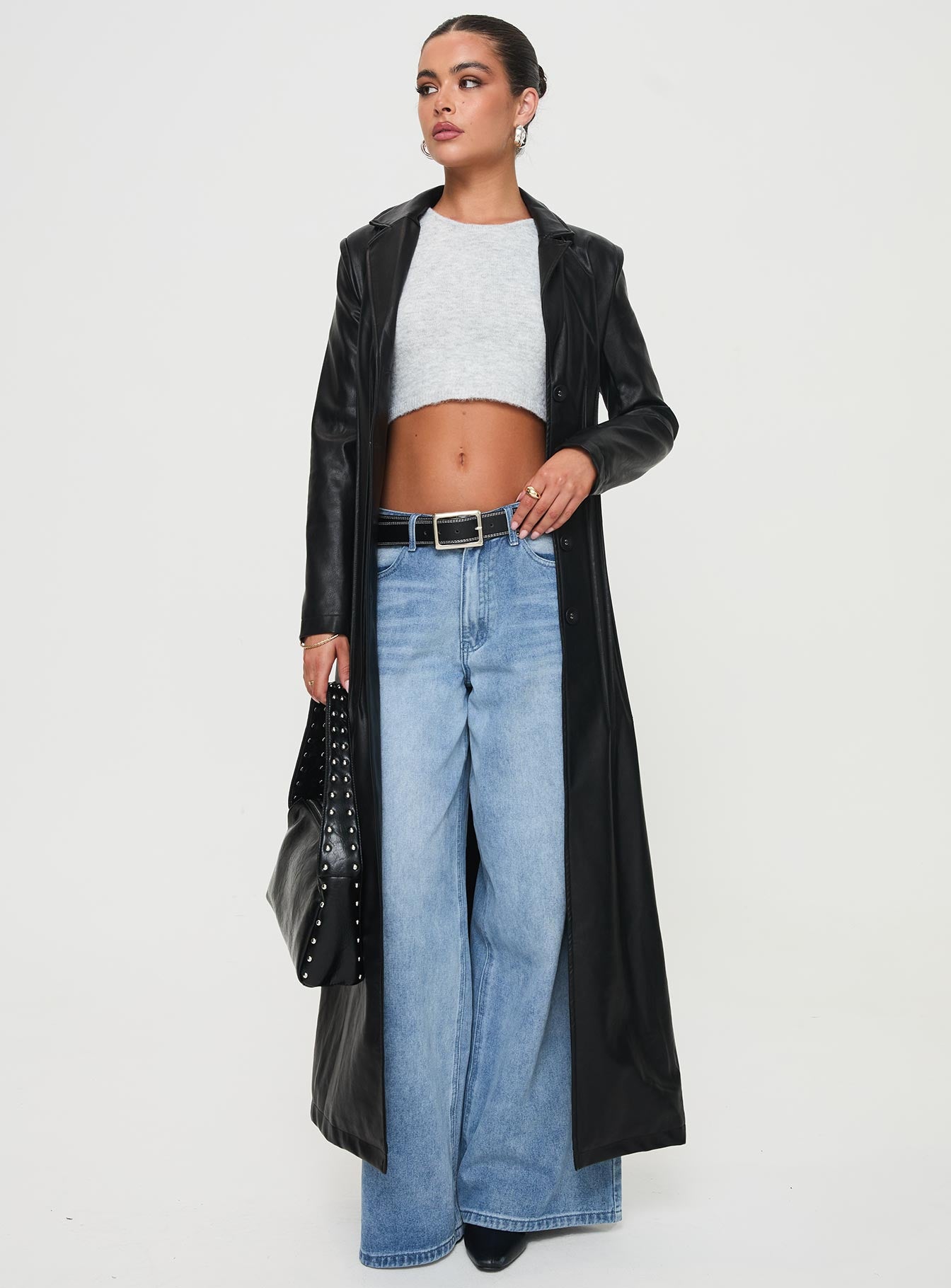 Speak Easy Long Line Faux Leather Coat Black - Image 2