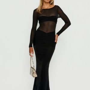 Joceline Long Sleeve Sheer Maxi Dress Black Shimmer