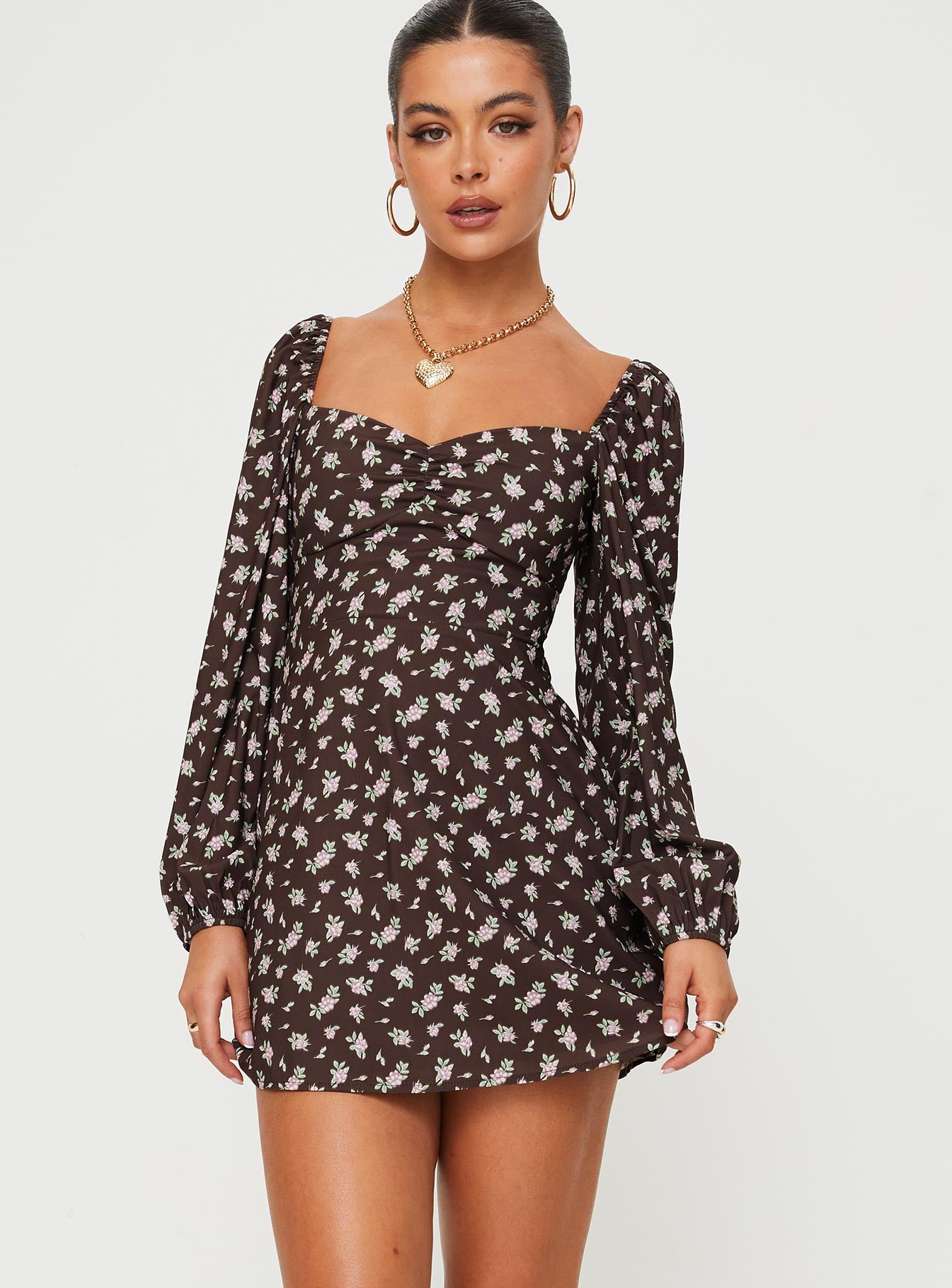 Landon Long Sleeve Mini Dress Brown Floral - Image 2