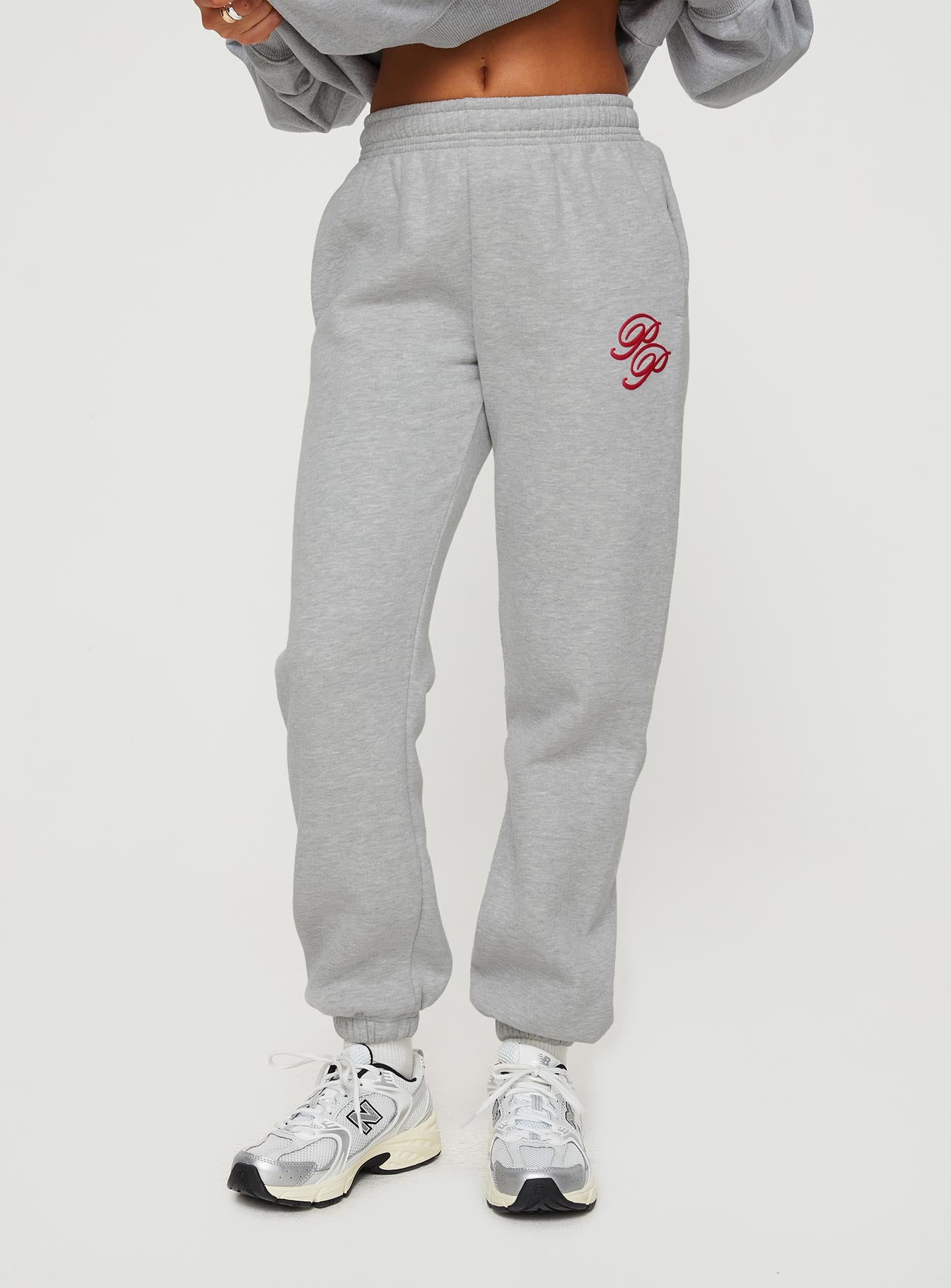 Princess Polly Track Pants Cursive Text Grey Marle/ Red - Image 2