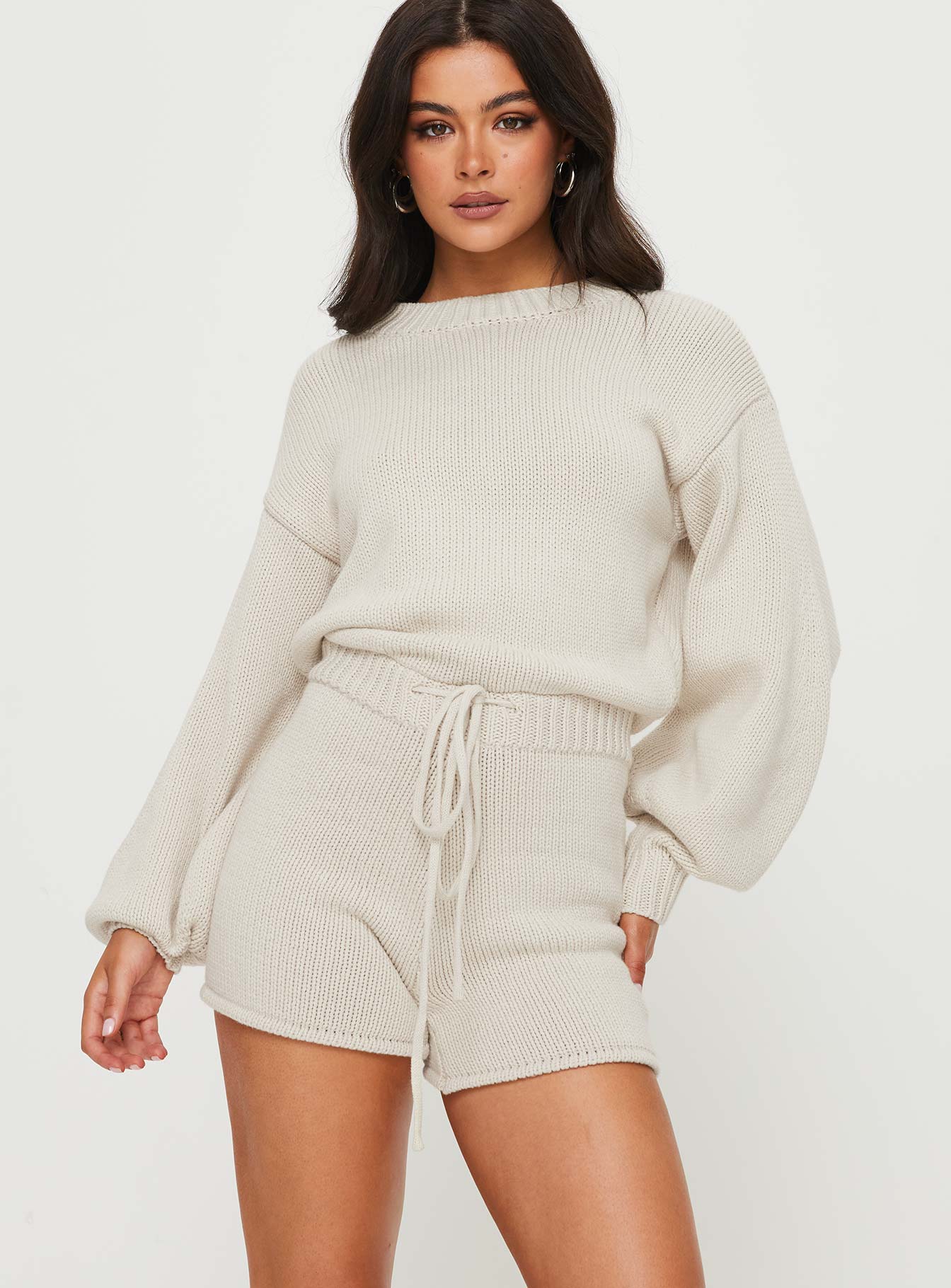 Harmony Balloon Sleeve Knit Romper Beige - Image 2