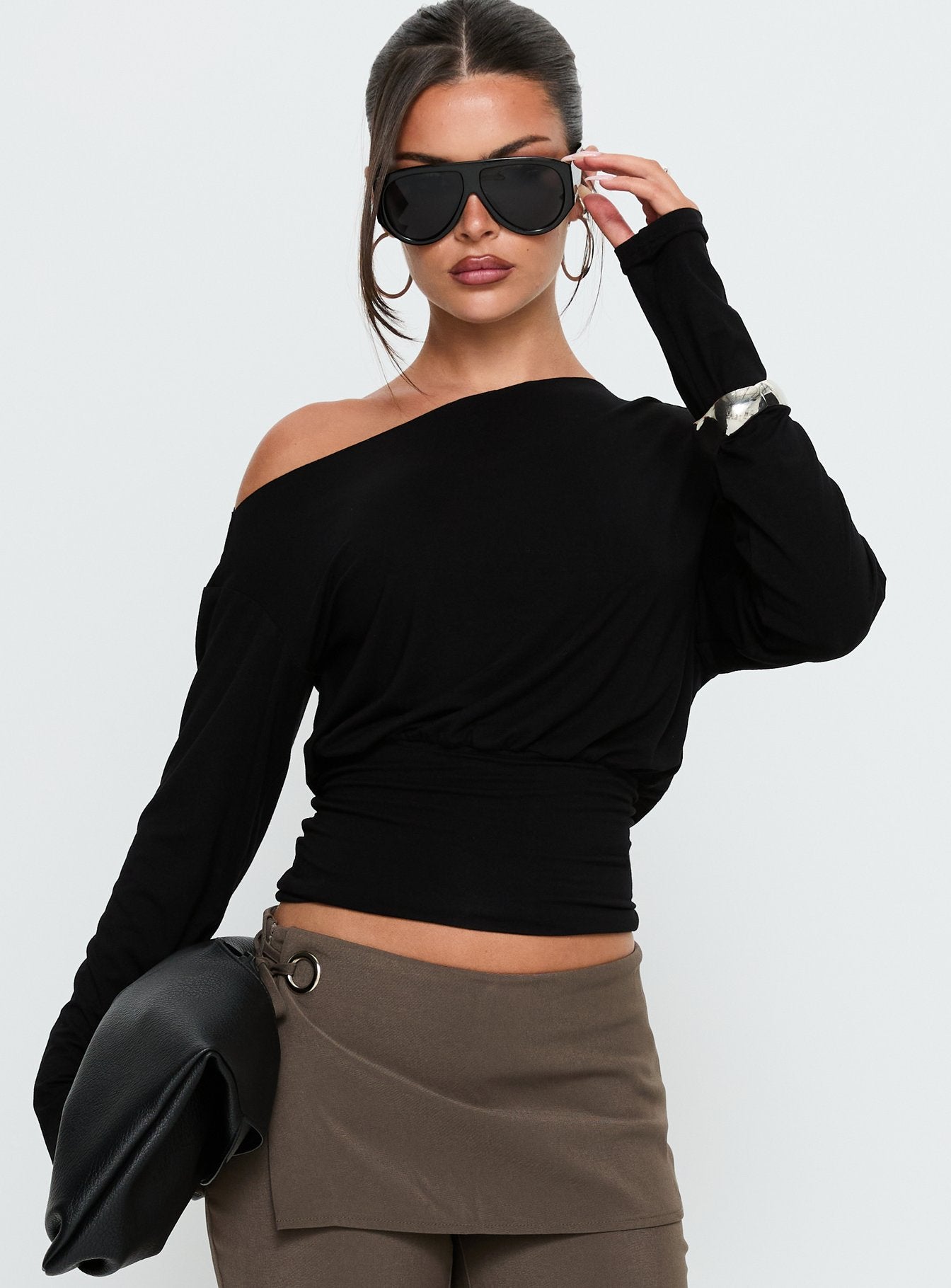 Ashlinn Off Shoulder Long Sleeve Drapey Top Black - Image 2