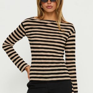 So Composed Boat Neck Long Sleeve Top Latte Stripe