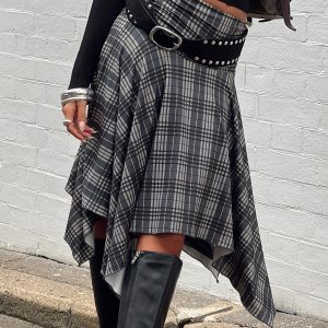 Scholar Asymmetrical Midi Skirt Grey Check
