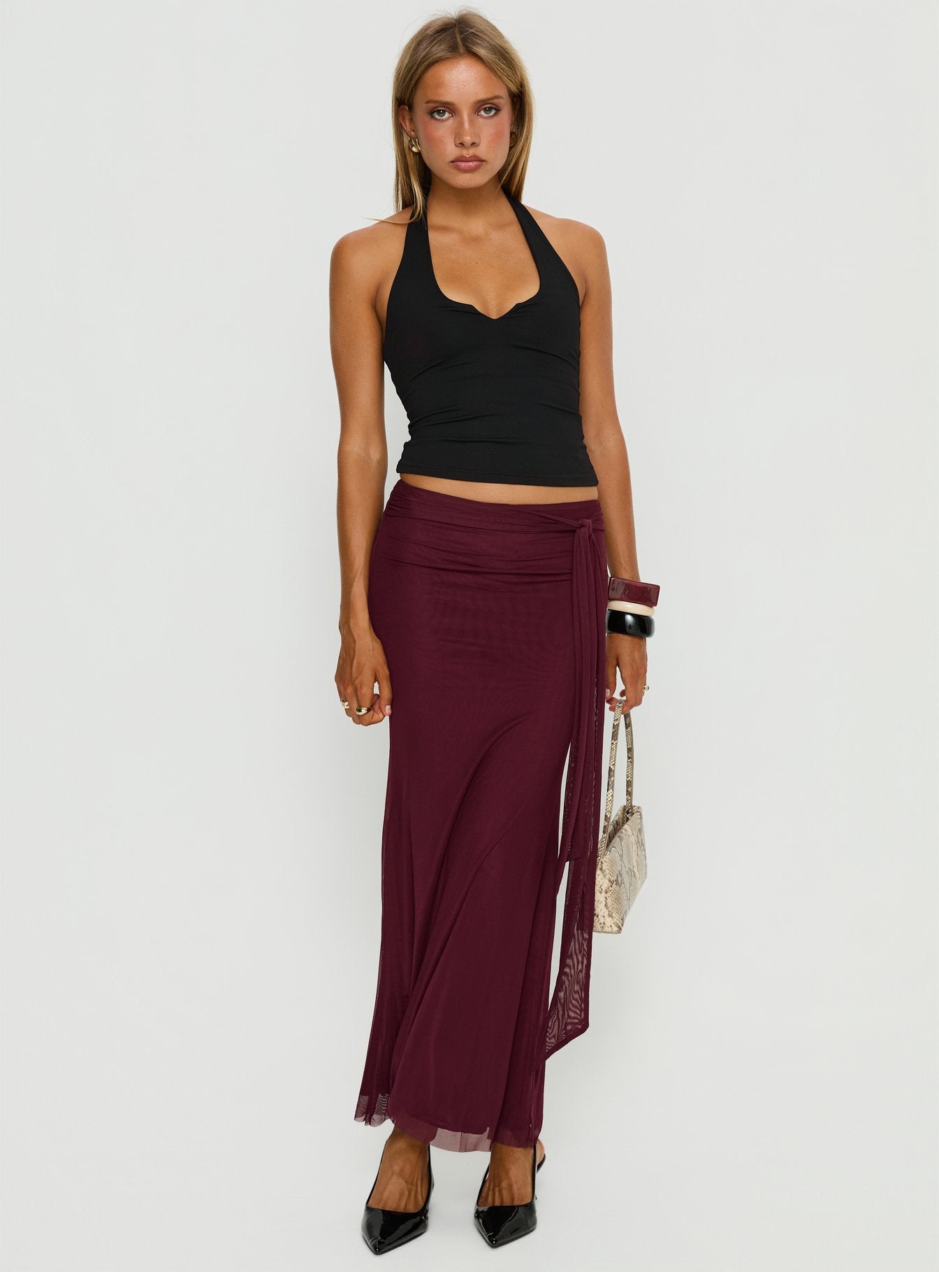 Caviar Tie Maxi Skirt Currant