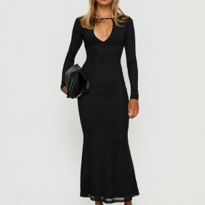 Adesa Long Sleeve Keyhole Plunge Maxi Dress Black