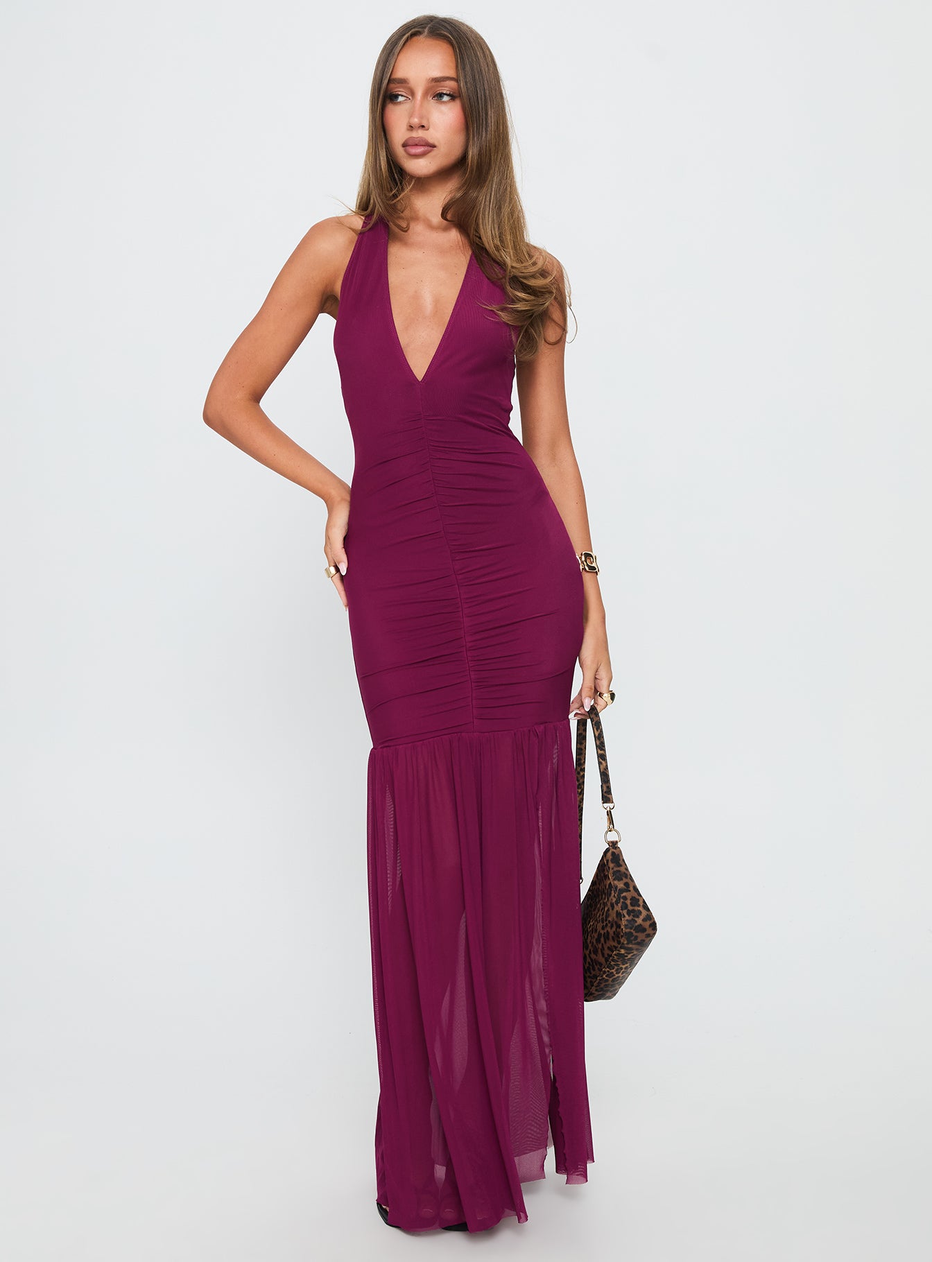 Jailyne Halter Plunge Maxi Dress Plum