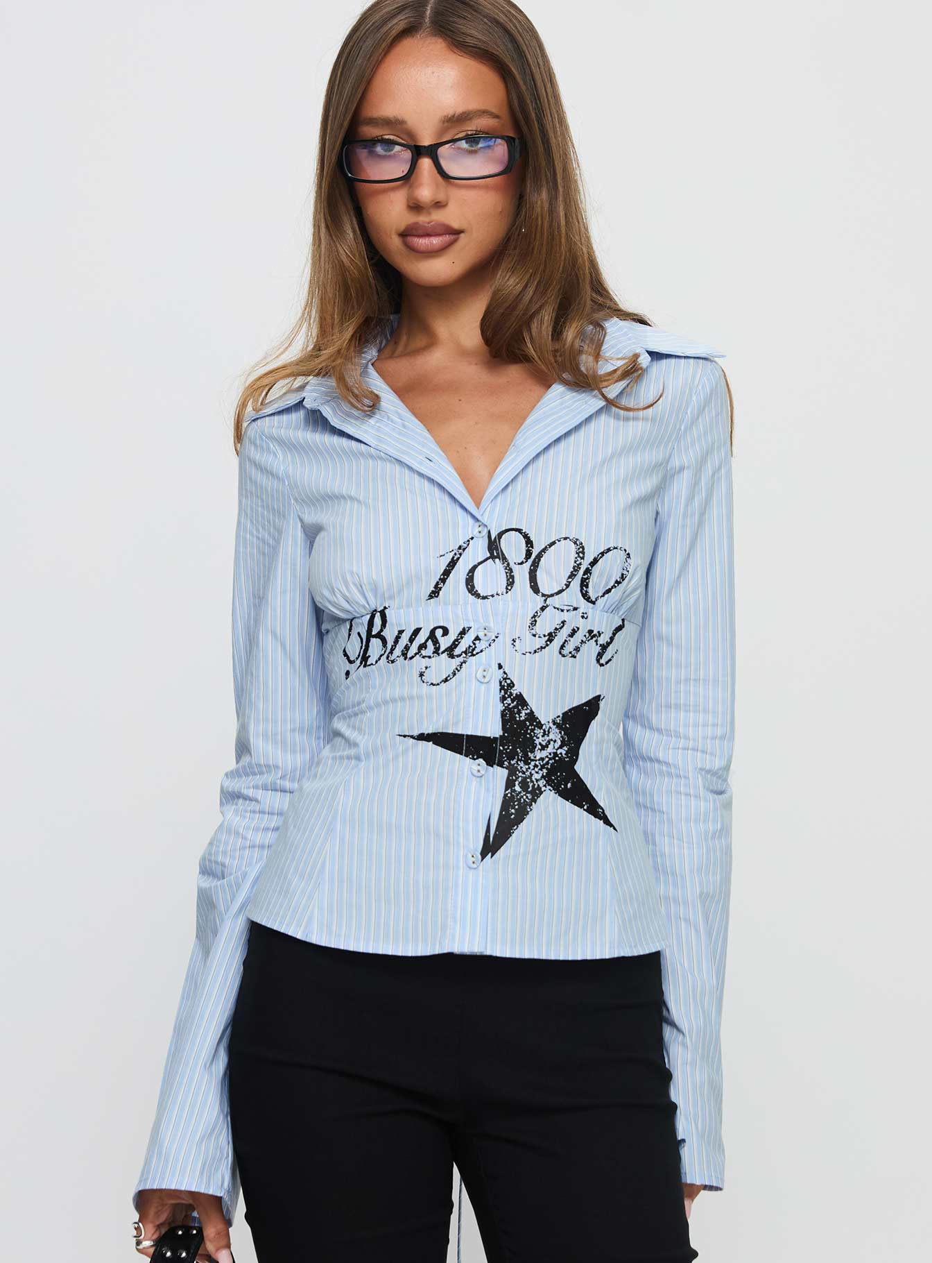 Busy Girl Long Sleeve Collared Top Blue Stripe - Image 2