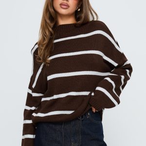 Alara Mock Neck Knit Sweater Brown Stripe