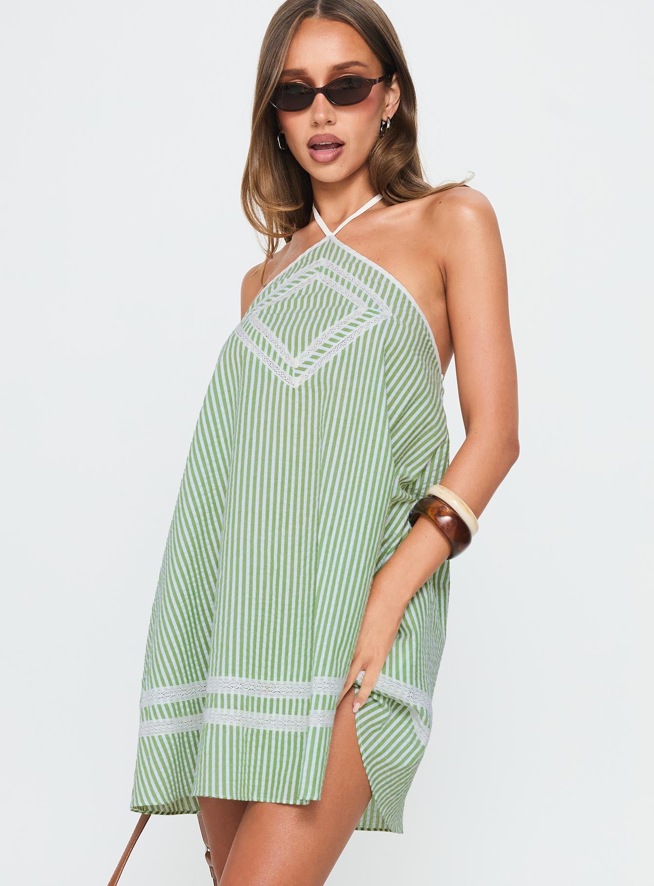 River Rose Anglais Swing Mini Dress Green Stripe - Image 2