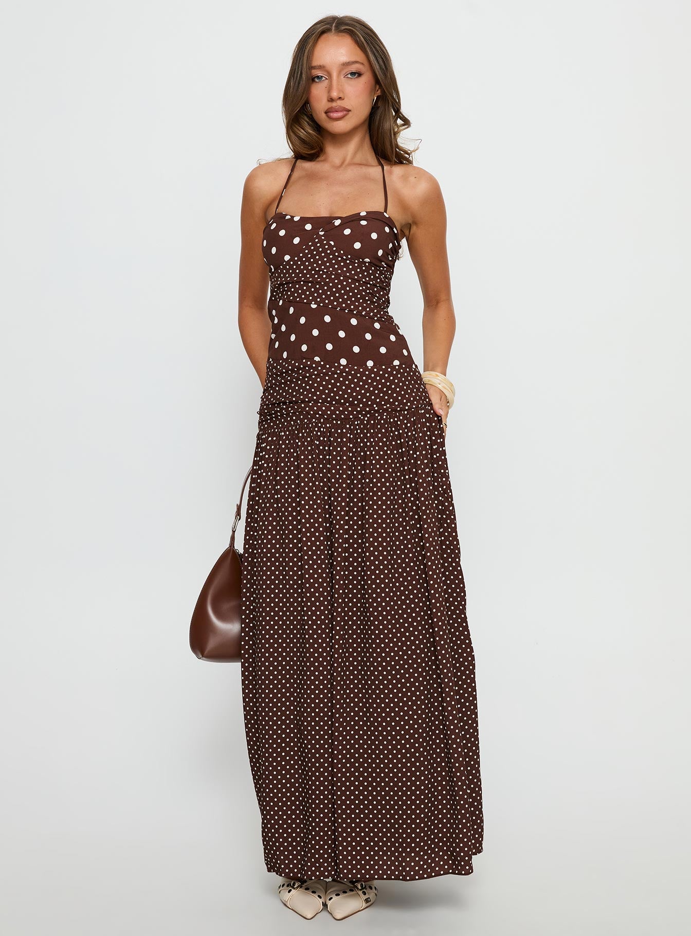 Marguerite Halter Maxi Dress Brown Polka Dot - Image 2