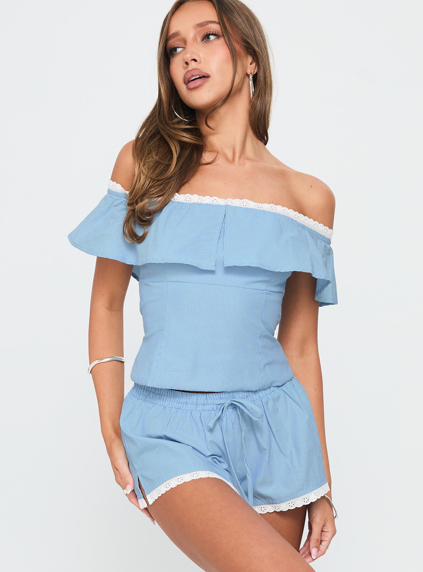 Summertime Sadness Off Shoulder Set Blue Stripe - Image 2