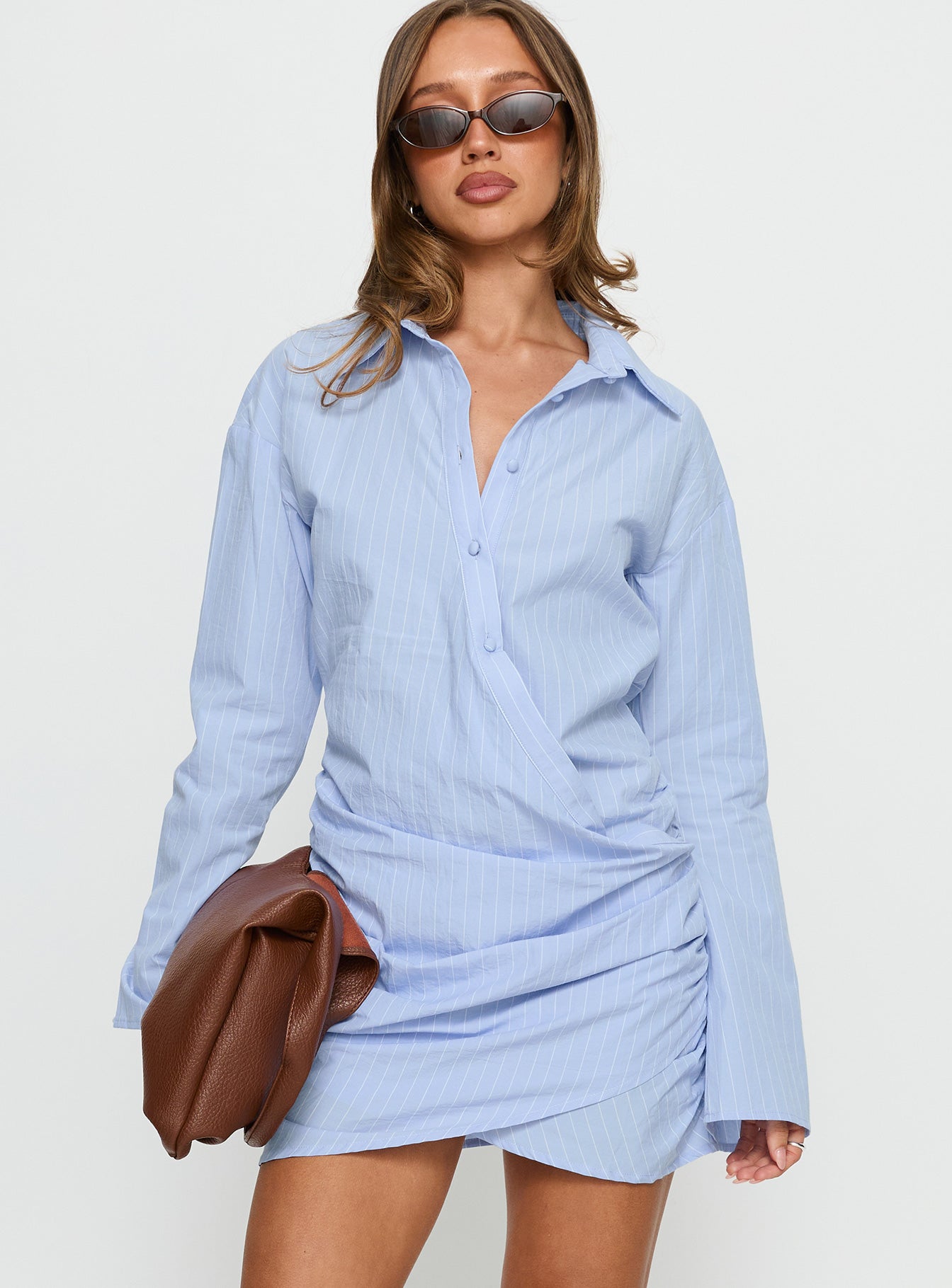Well Versed Long Sleeve Ruched Shirt Mini Dress Blue - Image 2