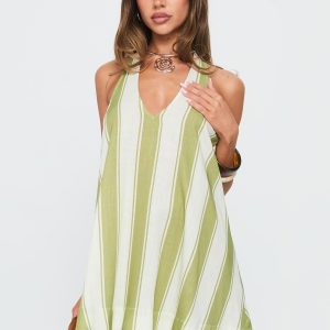 Khaia Halter Mini Dress Green / Cream Stripe