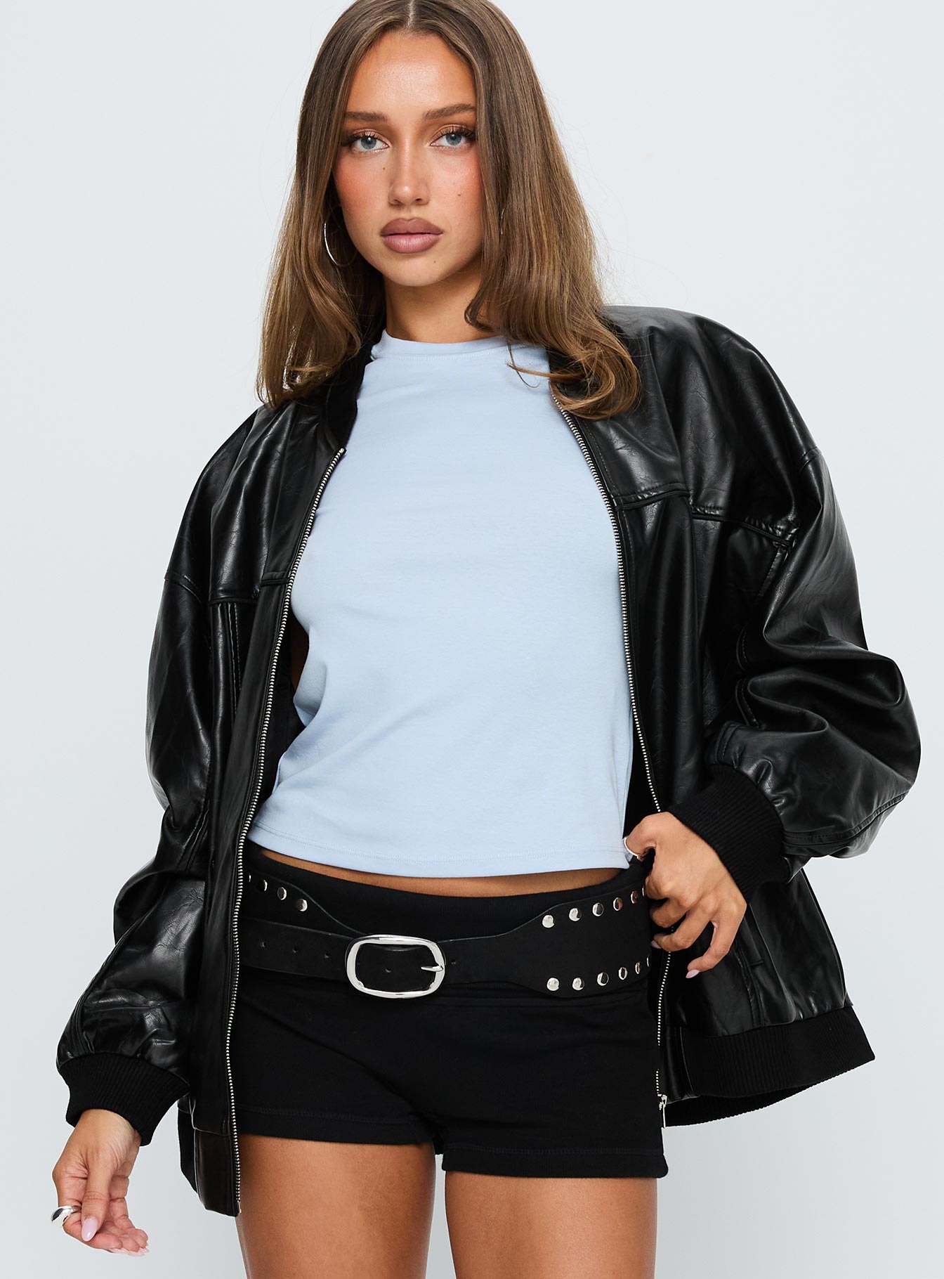 Believe It Faux Leather Bomber Jacket Black - Image 2