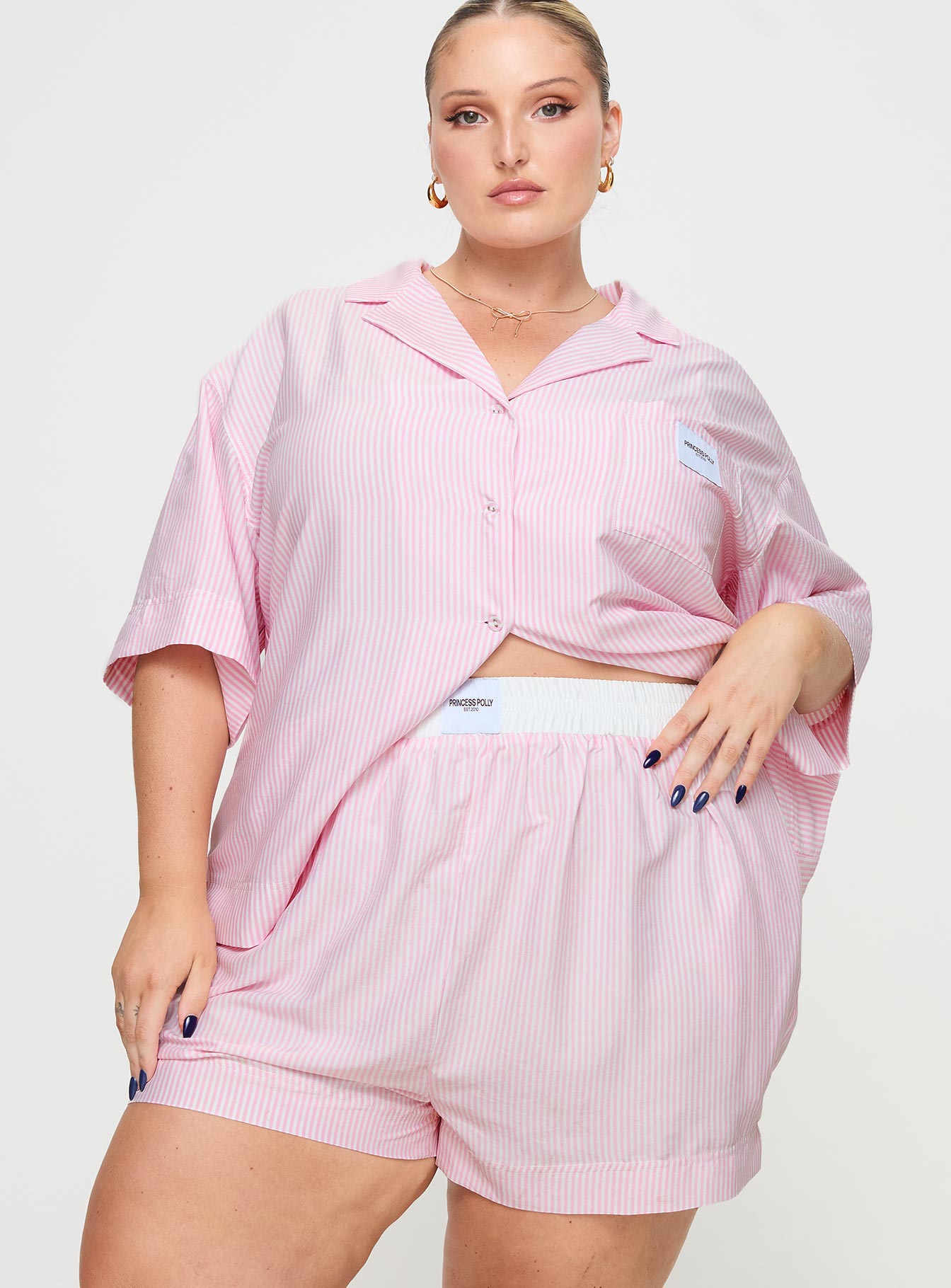 Early Riser Sleep Shorts Pink Stripe Curve - Image 2