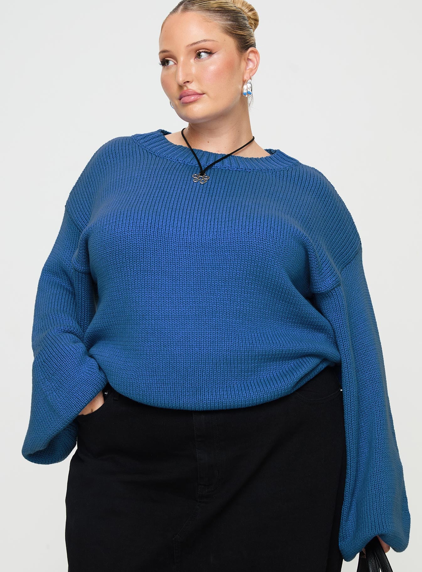 Harmony Balloon Sleeve Knit Sweater Blue Curve - Image 2