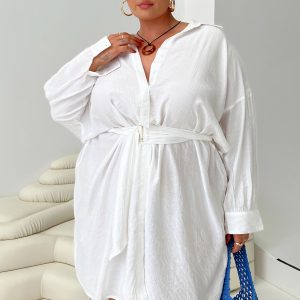 Bilari Textured Fabric Shirt Dress White Curve