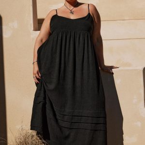 Milden Linen Blend Maxi Dress Black Curve