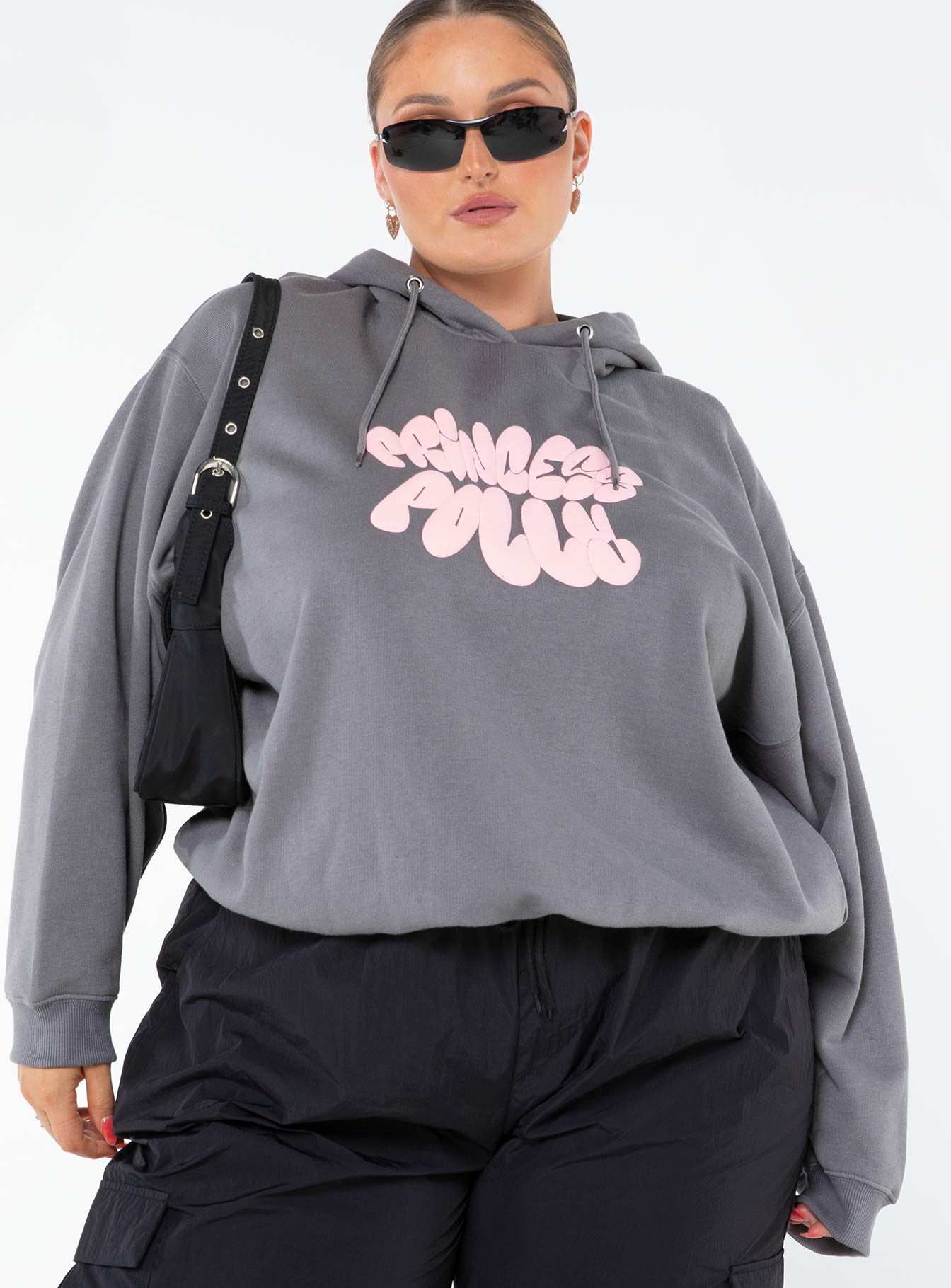 Princess Polly Hooded Sweatshirt Bubble Text Charcoal / Light Pink Curve - Image 2