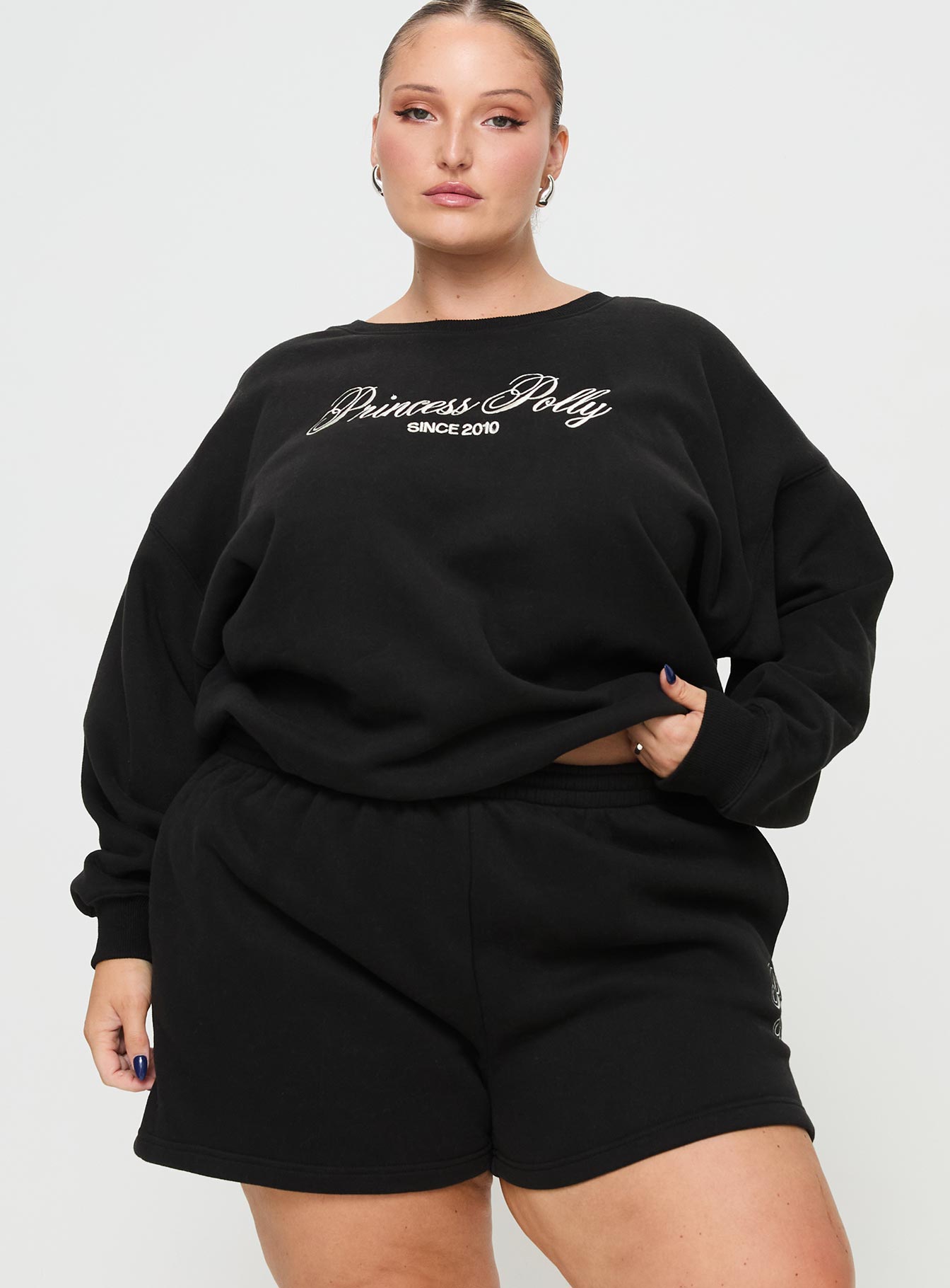 Princess Polly Track Shorts Cursive Text Black Sand Curve - Image 2