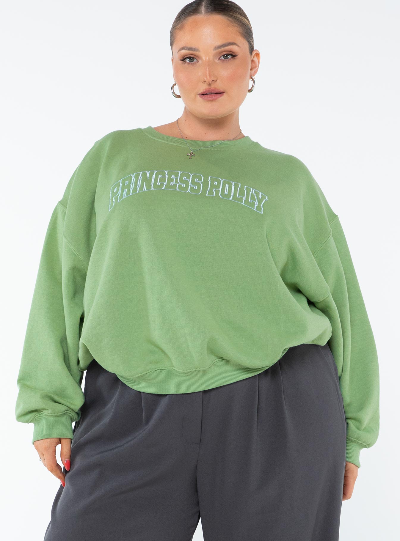 Princess Polly Crew Neck Sweatshirt Collegiate Text Green Curve - Image 2