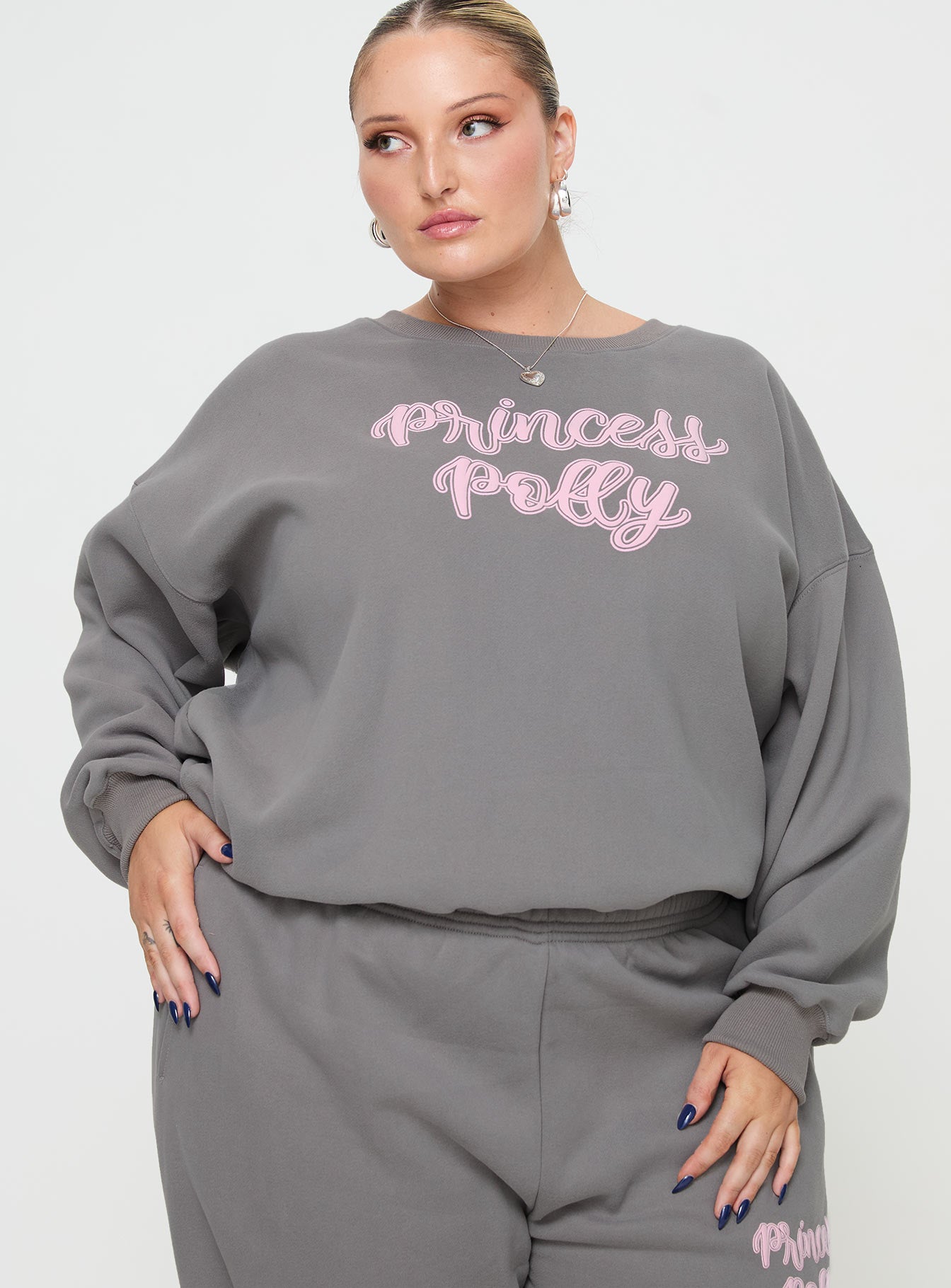 Princess Polly Crew Neck Sweatshirt Puff Text Charcoal Curve - Image 2