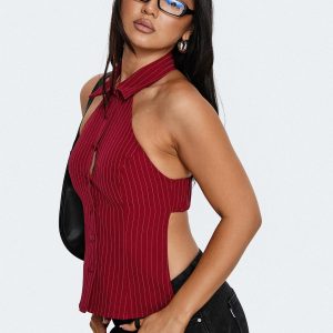 Roanne Backless Collared Top Red Stripe