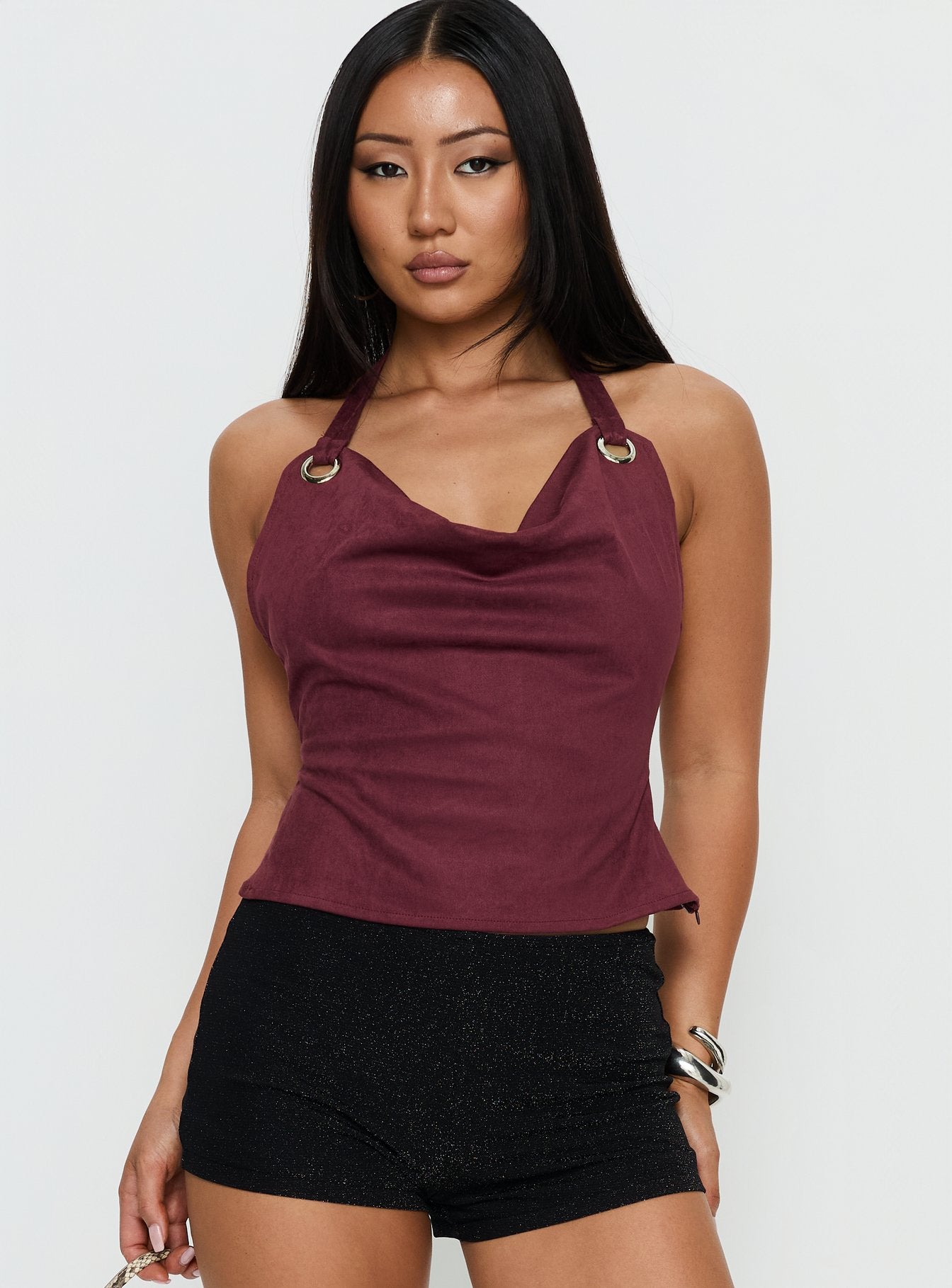 Yasenia Faux Suede Halter Top Burgundy - Image 2