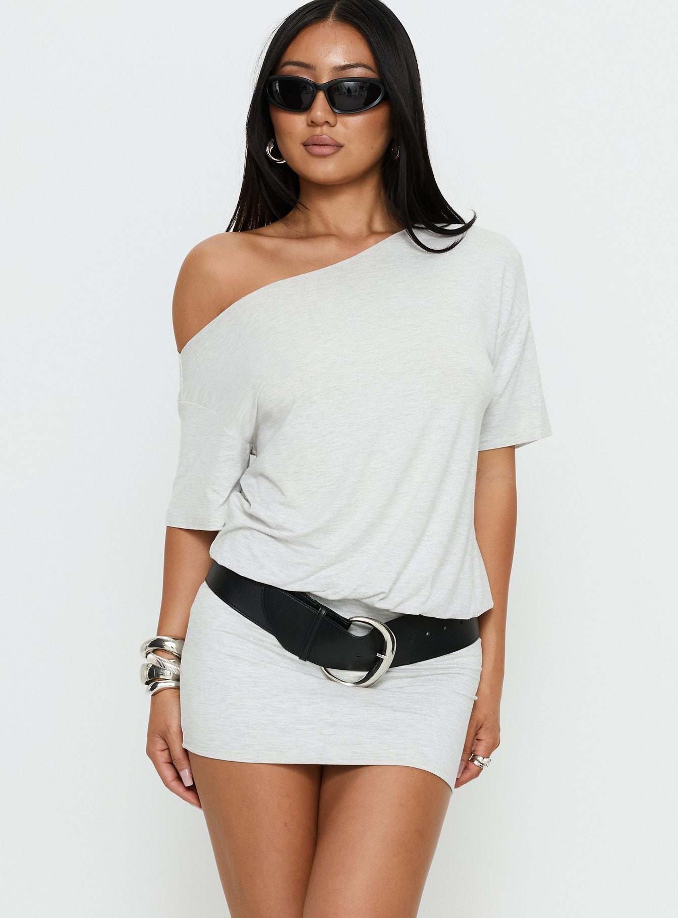 Ashlinn Off Shoulder Drapey Mini Dress Grey - Image 2