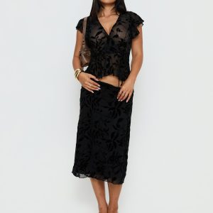 Atira Midi Skirt Leaf Flower Black