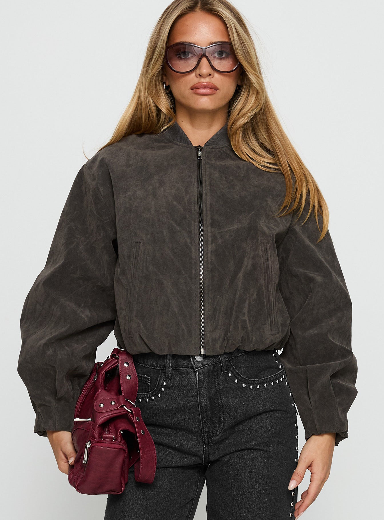 Mastery Faux Suede Bomber Jacket Charcoal - Image 2
