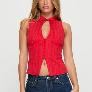 Tempting Tie Detail Top Red