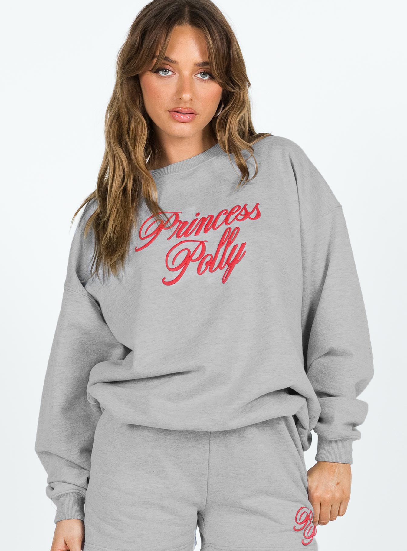 Princess Polly Crew Neck Sweatshirt Cursive Text Grey Marle / Red - Image 3